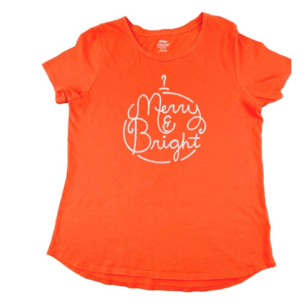 Old Navy Womens Merry & Bright Orange Holiday Printed T-Shirt size Medium JH1228